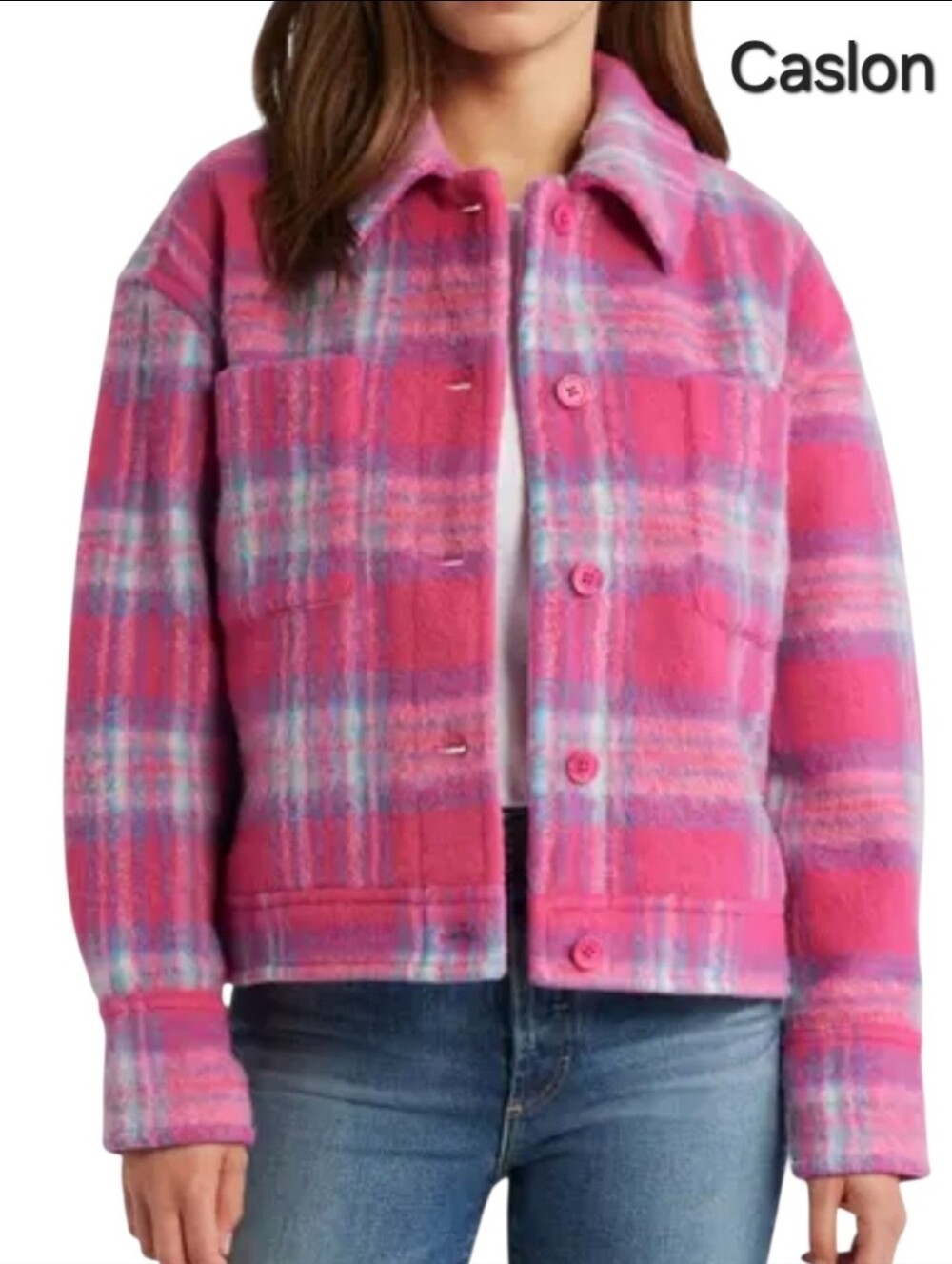 Nordstrom Caslon Pink Ivory Plaid Cropped Shacket Jacket Size Small